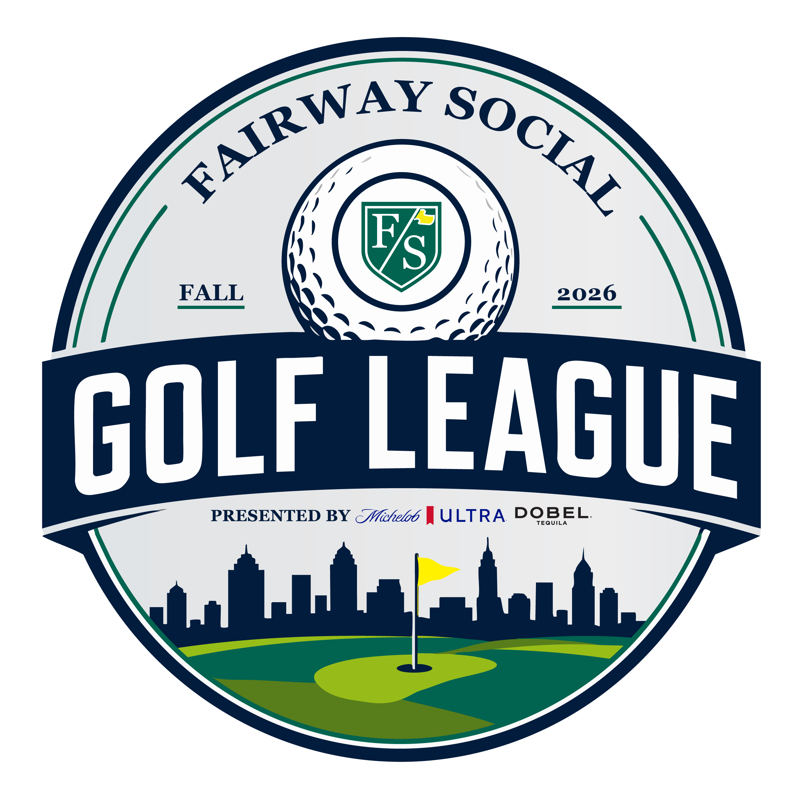 a golf club logo with a flag and a city skyline